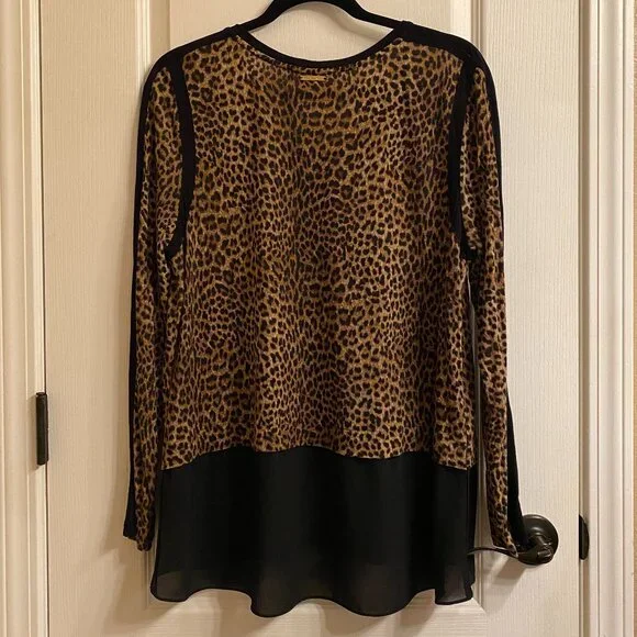 MICHAEL Michael Kors Leopard Black Colorblock Long Sleeve Blouse size XL - Picture 4 of 11